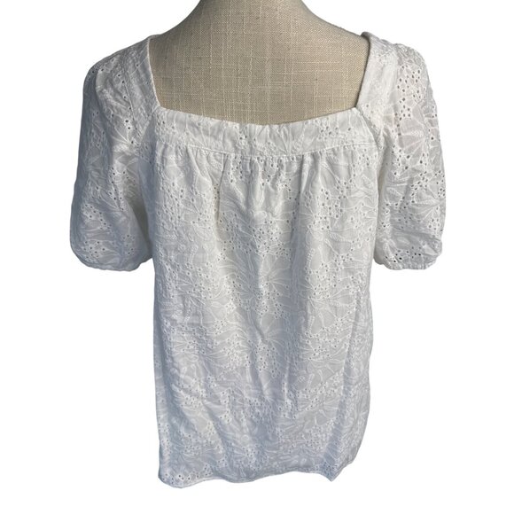 Loft Womens White Eyelet Puff Short Sleeve Square Neck Top Size M - Picture 3 of 10